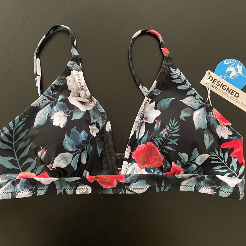Red Floral V-neck Bikini Top